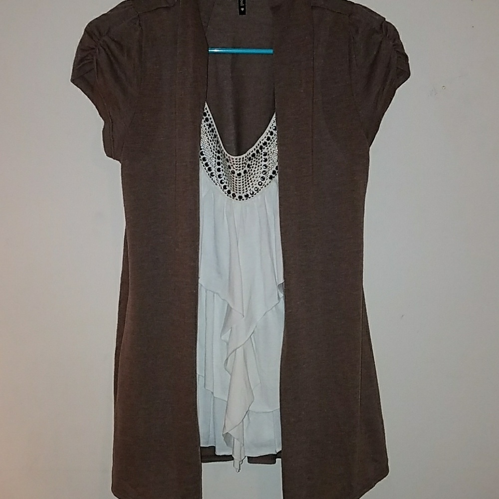 Short sleeve cardigan with white tank